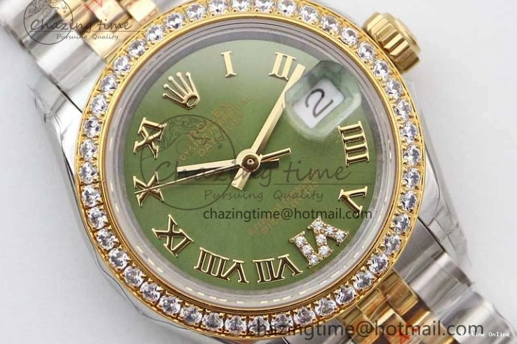 1219 Bright Lady DateJust 28 SS YG TWF Diamonds Bezel 1:1 Best Edition Green Dial Roman Markers on Jubilee Bracelet NH 2135
